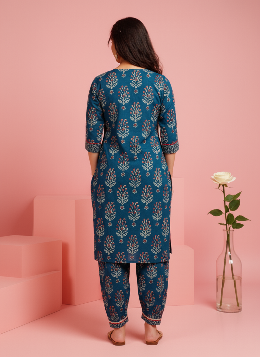 Soft Cotton Floral Straight Blue Kurta