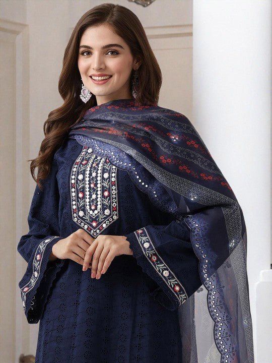 Ishin Floral Embroidered Pure Cotton Straight Kurta With Trouser & Dupatta