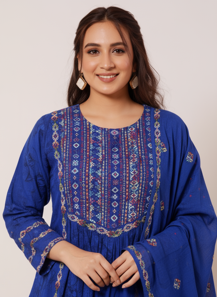 Embroidered Roman silk Flared Kurta