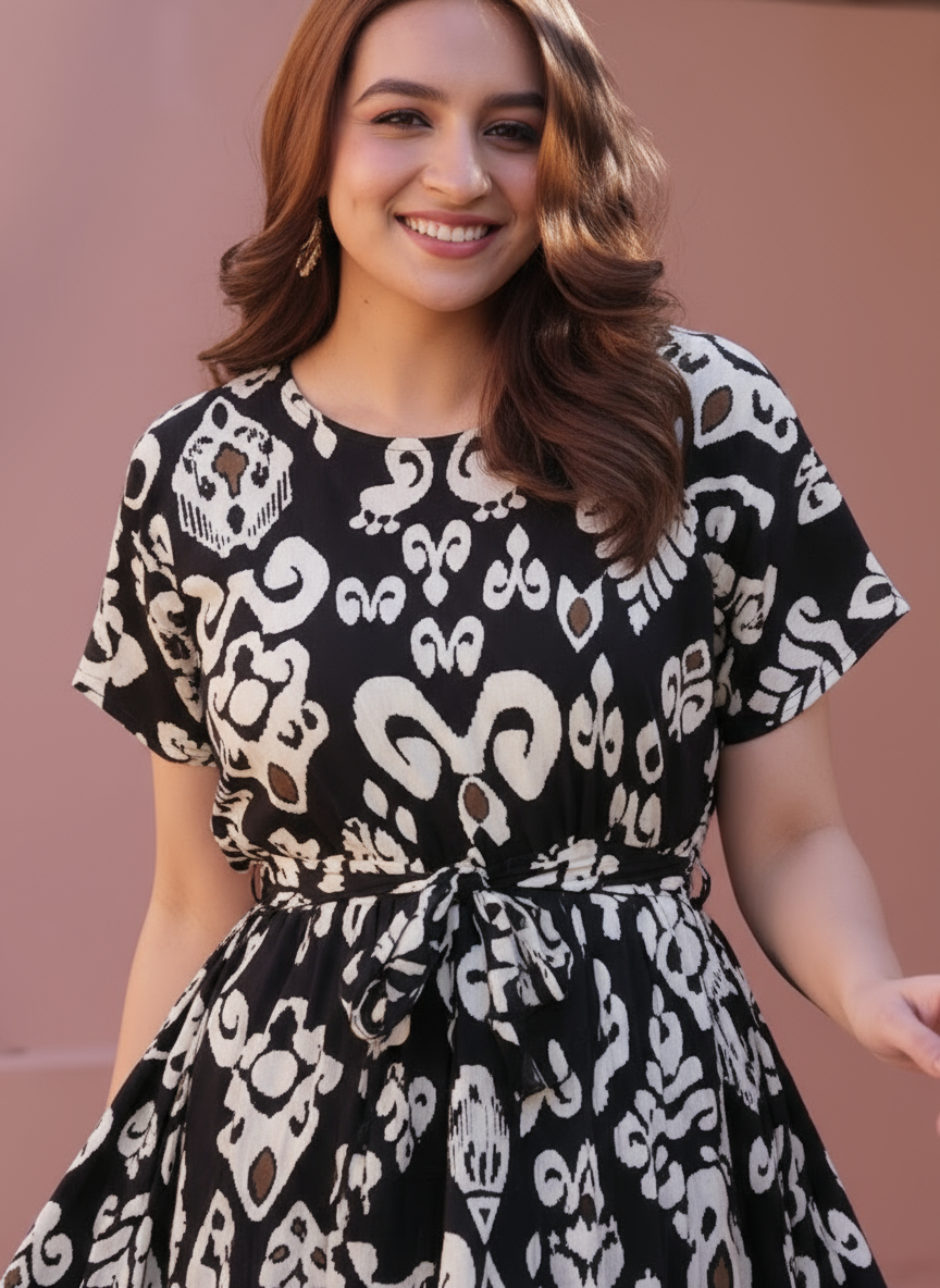 Viscose Floral Angrakha Black Dress
