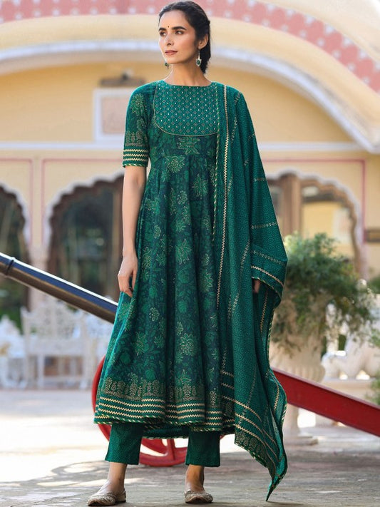 GILLORI Floral Printed Gotta Patti Pure Cotton Anarkali Kurta & Trousers With Dupatta
