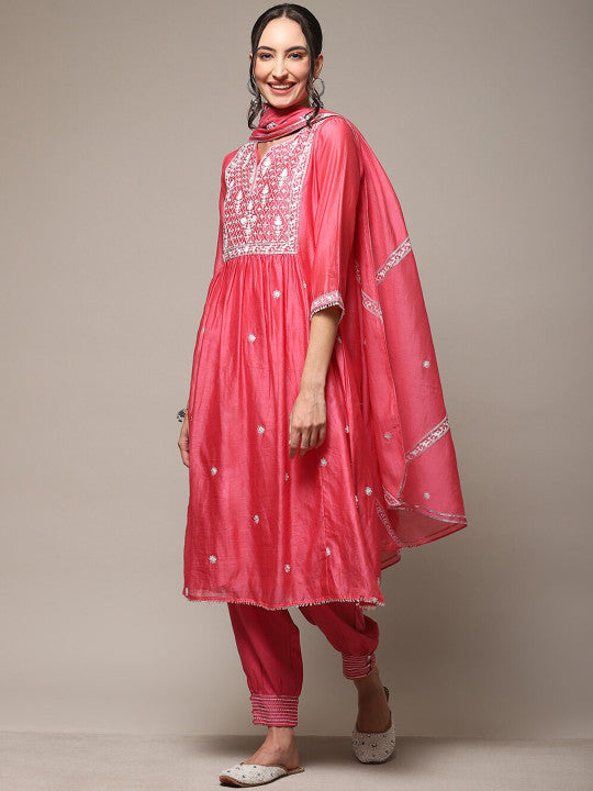 Biba Ethnic Motifs Embroidered Empire Chanderi Silk Kurta With Salwar & Dupatta