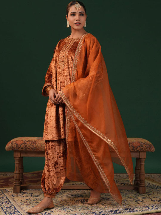 anayna Women Embroidered Regular Velvet Kurta with Dhoti Pants & With Dupatta