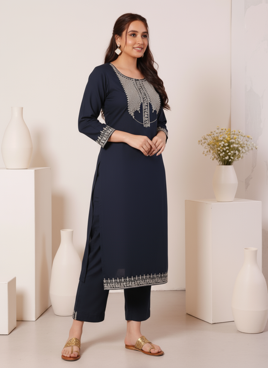 Embroidered Soft Cotton Solid Straight Navy Blue Kurta