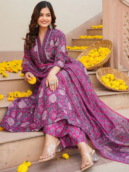 Women Lavender Floral Anarkali Kurta with Palazzo and Dupatta (Set of 3)