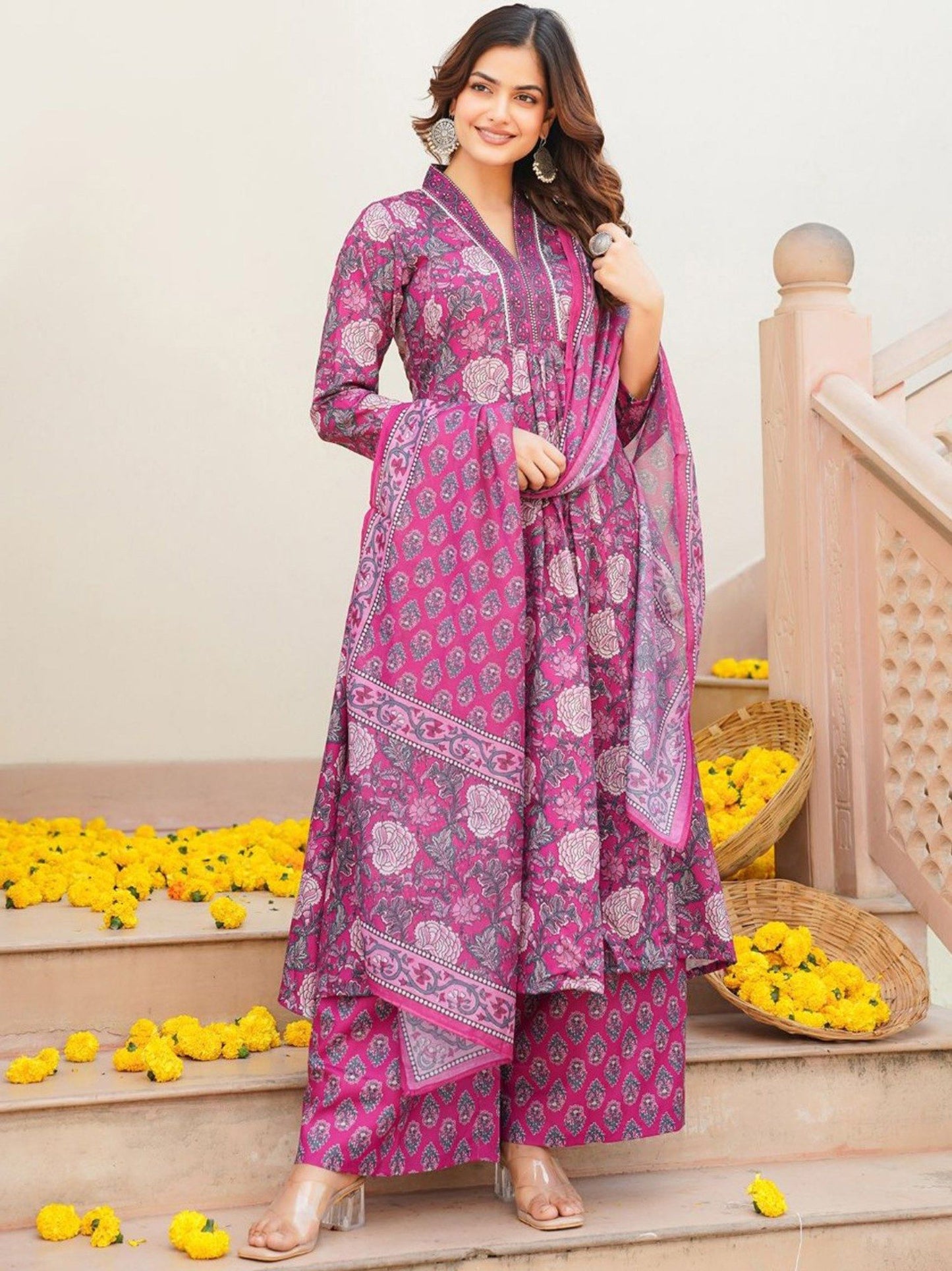 Women Lavender Floral Anarkali Kurta with Palazzo and Dupatta (Set of 3)