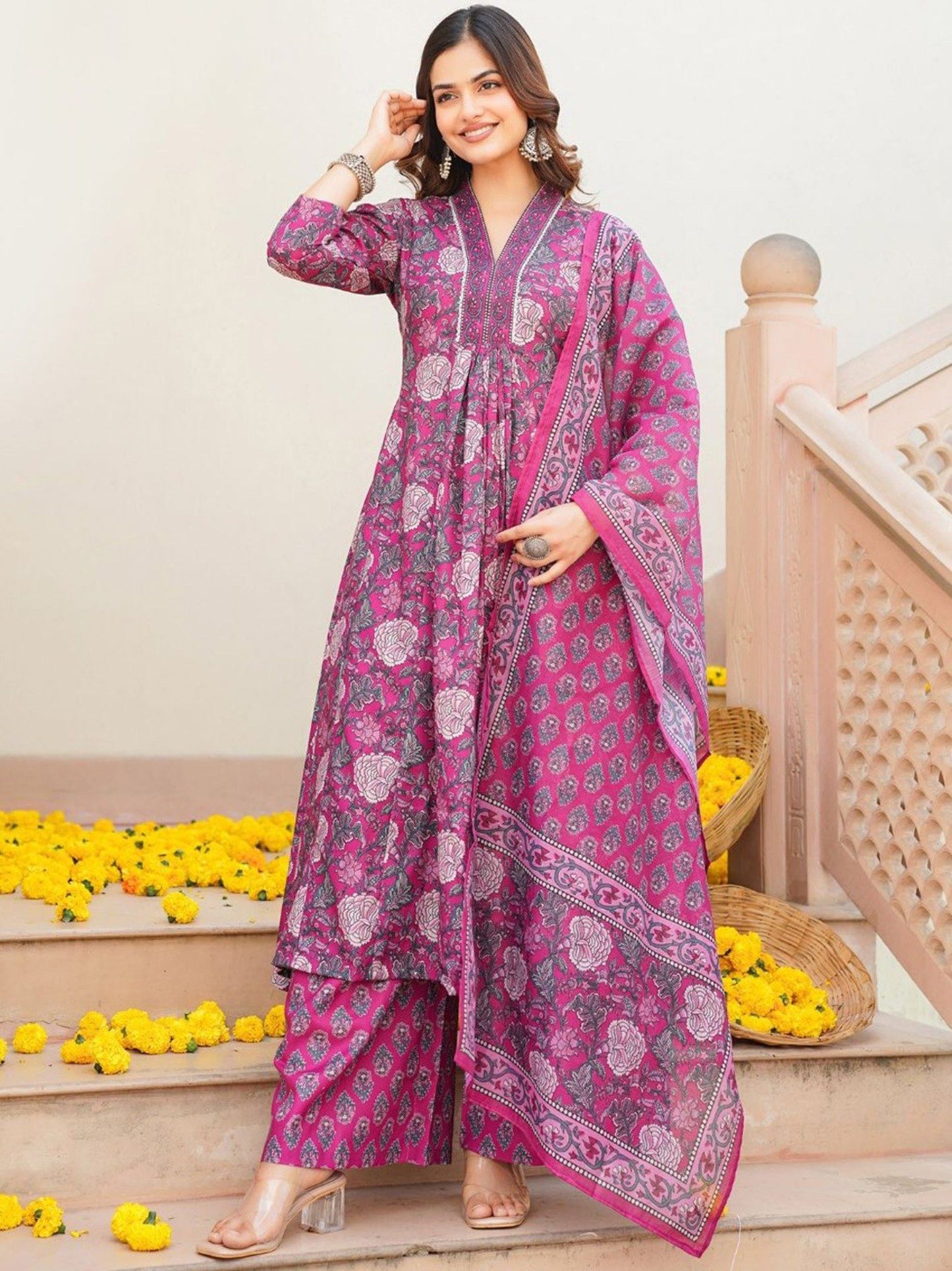 Women Lavender Floral Anarkali Kurta with Palazzo and Dupatta (Set of 3)