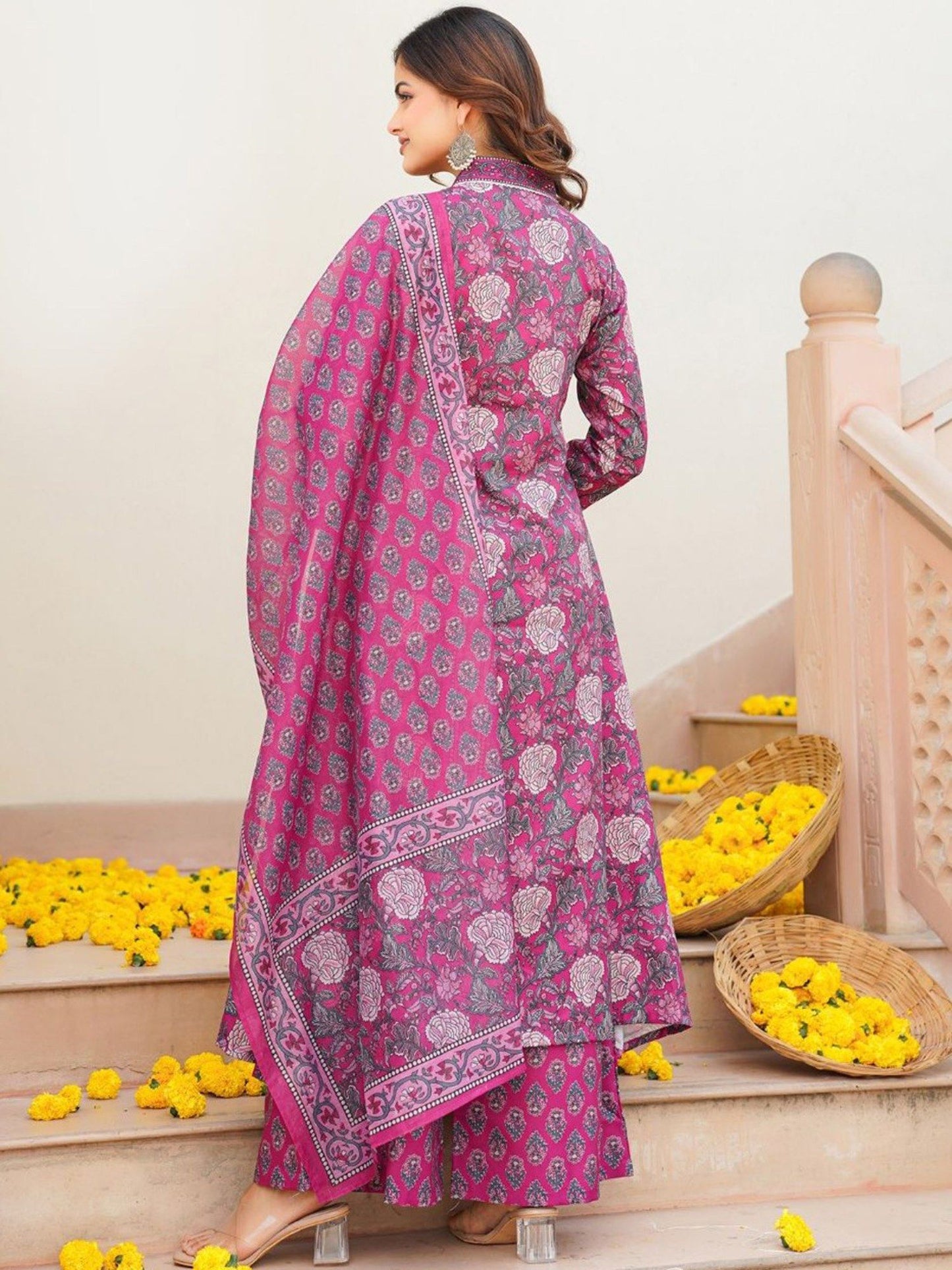 Women Lavender Floral Anarkali Kurta with Palazzo and Dupatta (Set of 3)