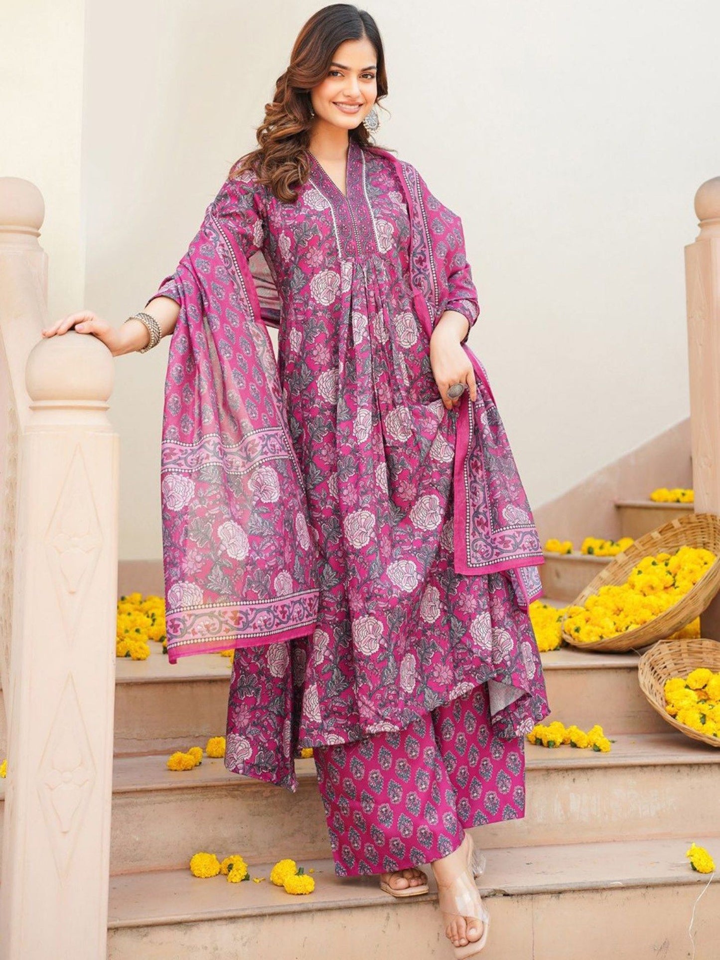 Women Lavender Floral Anarkali Kurta with Palazzo and Dupatta (Set of 3)