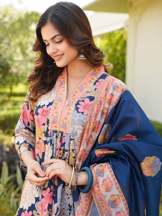 Women Navy Blue Floral Anarkali Kurta with Palazzo and Dupatta (Set of 3)