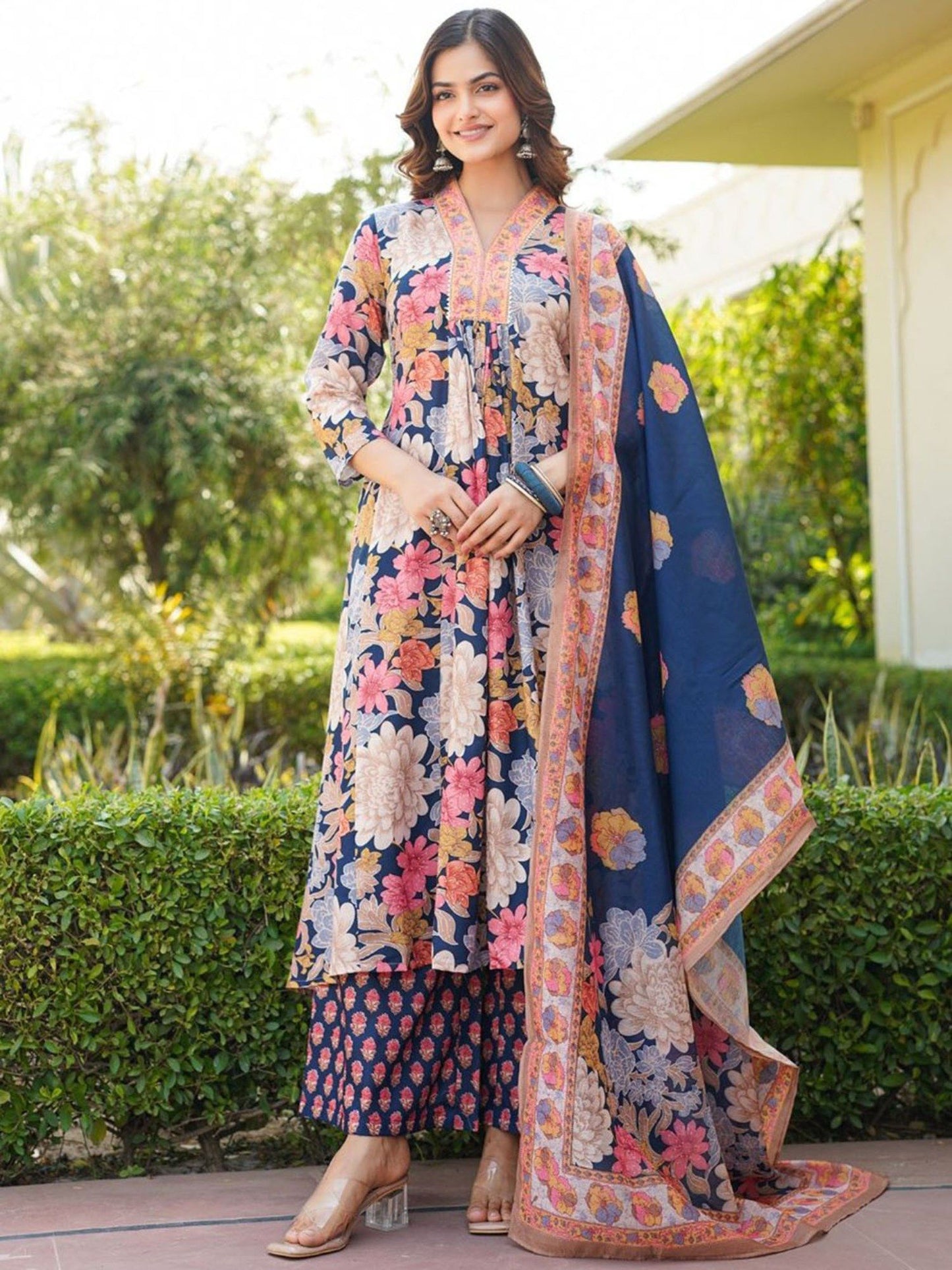 Women Navy Blue Floral Anarkali Kurta with Palazzo and Dupatta (Set of 3)