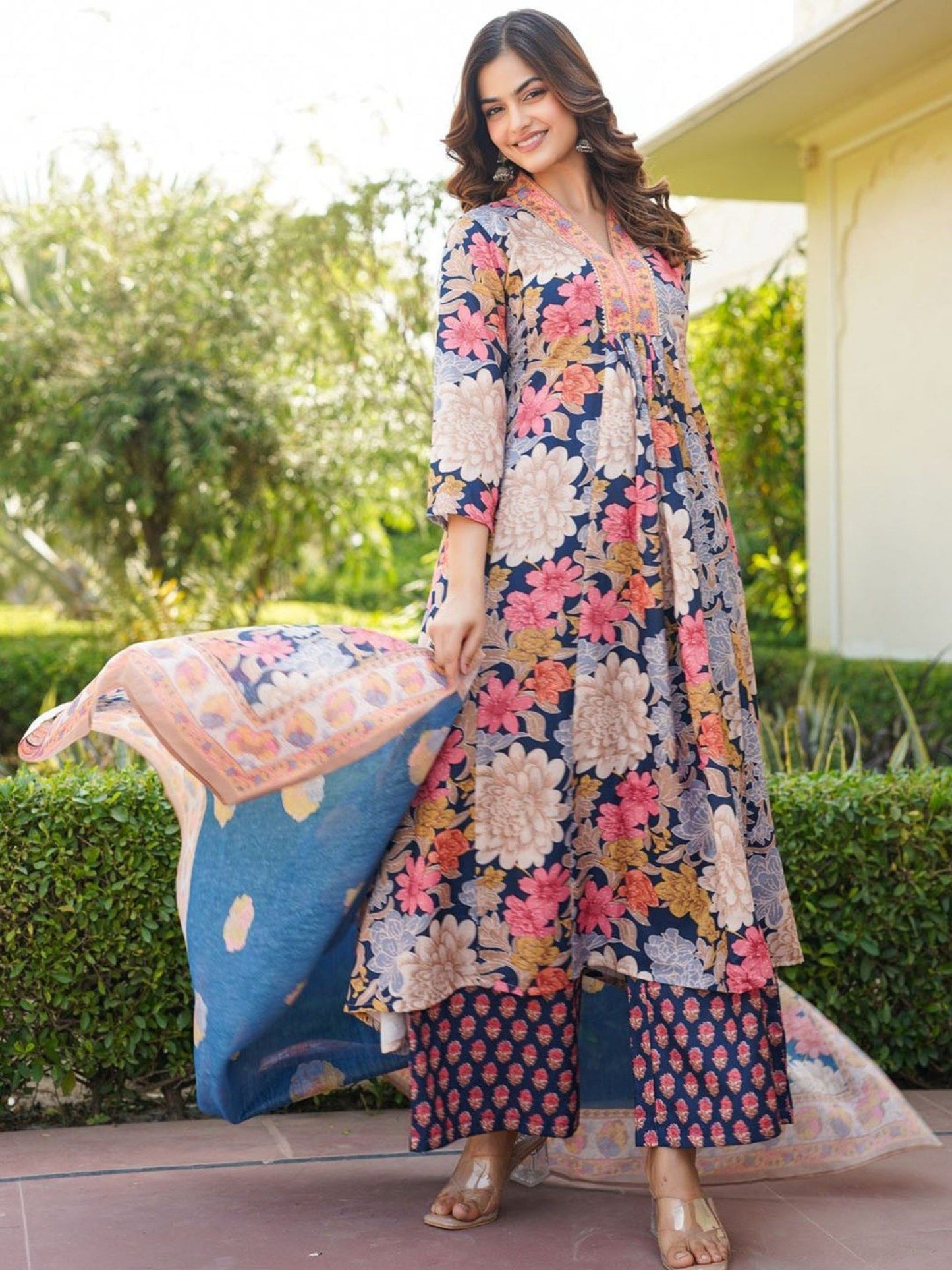 Women Navy Blue Floral Anarkali Kurta with Palazzo and Dupatta (Set of 3)