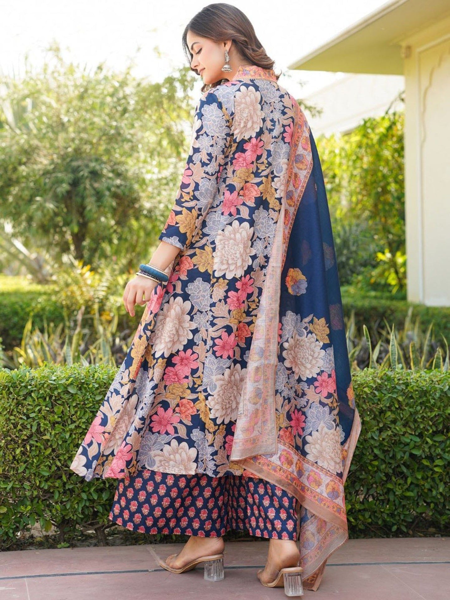 Women Navy Blue Floral Anarkali Kurta with Palazzo and Dupatta (Set of 3)
