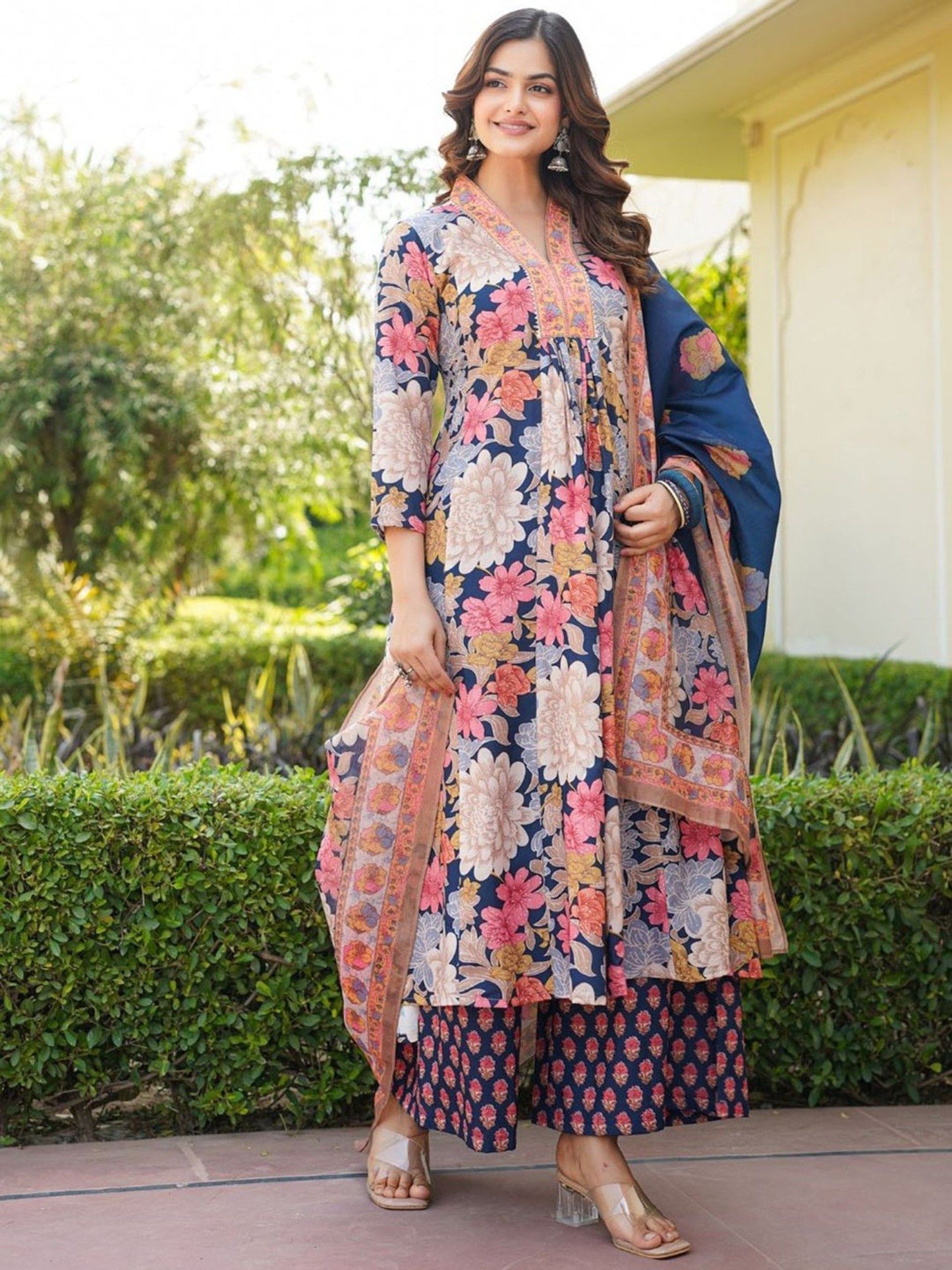 Women Navy Blue Floral Anarkali Kurta with Palazzo and Dupatta (Set of 3)