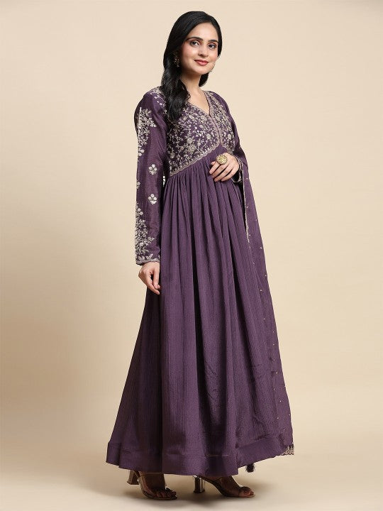 Trendmalls Floral Embroidered Pleated Sequinned Silk Chiffon Kurta