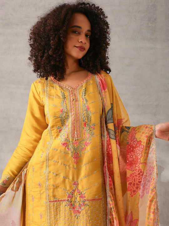 Ishin Mustard Floral Embroidered Sequinned Roman Silk Kurta With Trousers & Dupatta