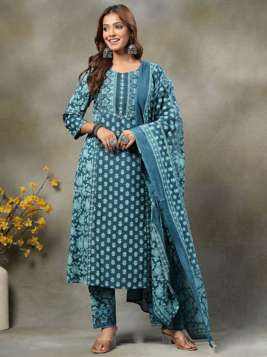 Yufta Floral Printed Sequinned Pure Cotton Kurta With Trousers & Dupatta
