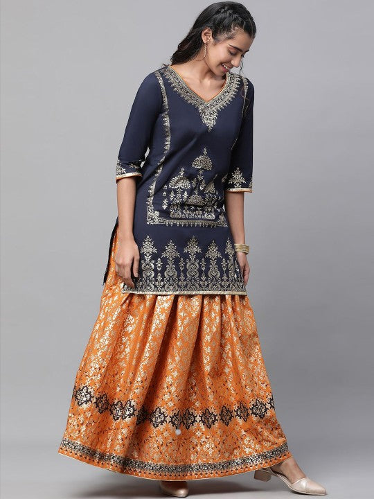AURELIA Women Printed Pure Cotton Kurta with Skirt & With Dupatta