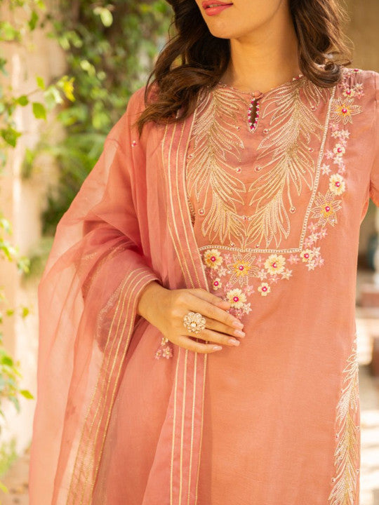 AJIESH OBEROI Women Floral Embroidered Kurta with Sharara & Dupatta