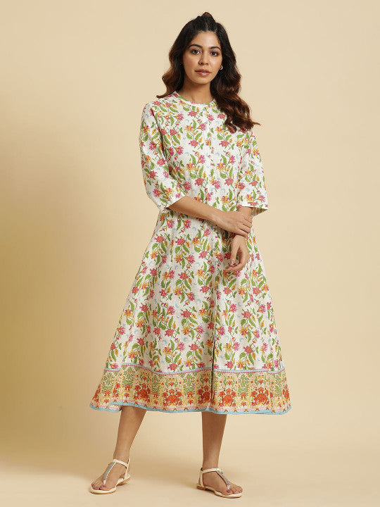 W Floral Printed A-Line Midi Ethnic Dress