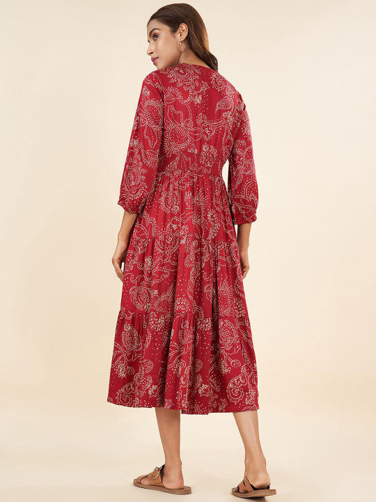AKKRITI BY PANTALOONS Printed Round Neck Fit & Flare Midi Dress