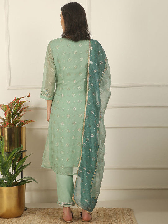 W Women Floral Embroidered V-Neck Zari Straight Kurta With Trousers & Dupatta