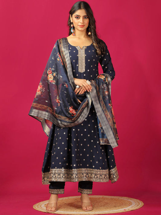 JDS LIFESTYLE Floral Embroidered Pure Silk Anarkali Kurta With Trouser & Dupatta