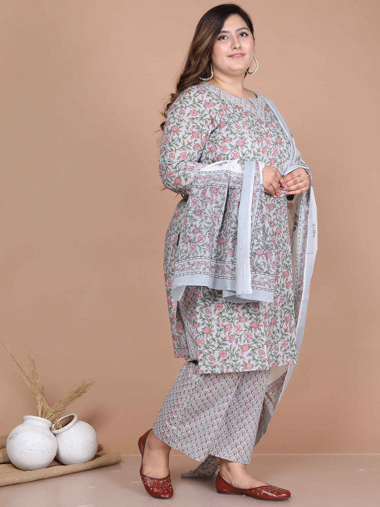 Doriyaan Plus Size Floral Printed V-Neck Straight Pure Cotton Kurta With Palazzos