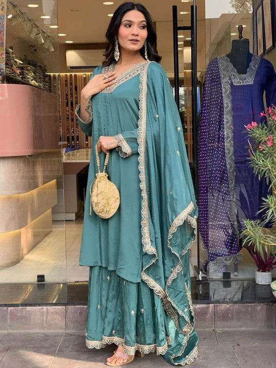 DEVATITHI Ethnic Motifs Embroidered Sequinned Pure Cotton Kurta with Palazzo & Dupatta