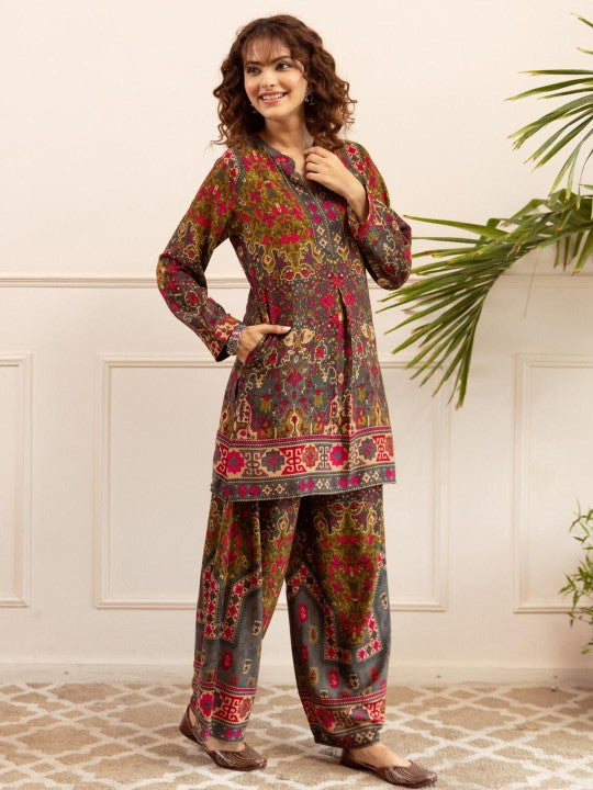 AUTUMN LANE Printed Mandarin Collar Top & PalazzosCo-OrdsSet
