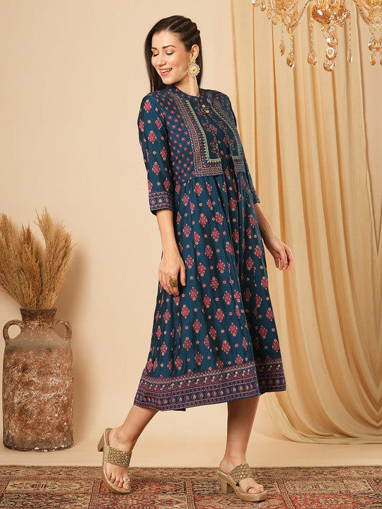 Globus A-Line Ethnic Motifs Printed Midi Ethnic Dress With Sleeveless Detachable Shrug