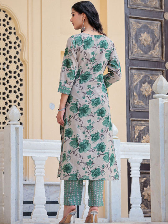 AARDRAA Floral Printed Notch Neck Pure Cotton Straight Kurta With Trousers & Dupatta