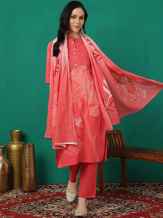 Printed Pure Cotton Straight Kurta With Trouser & Dupatta