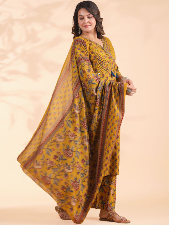 Vbuyz Floral Printed Sequinned Pure Cotton Kurta with Palazzos & Dupatta