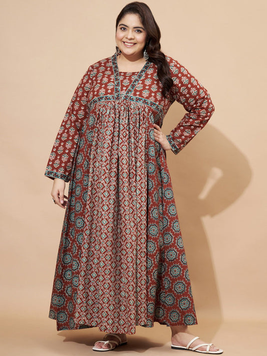 Vbuyz Plus Floral Printed Square Neck Cotton Maxi Ethinic Dress