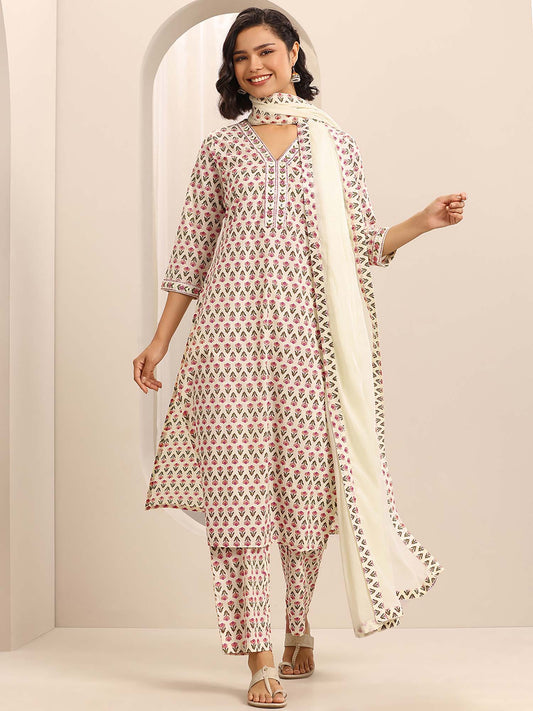 Cream Floral Printed Kurta with Pant and Dupatta (Set of 3)