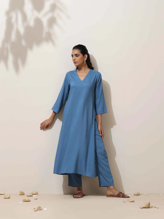 Blue Viscose Solid V-Neck Co-Ord (Set of 2)