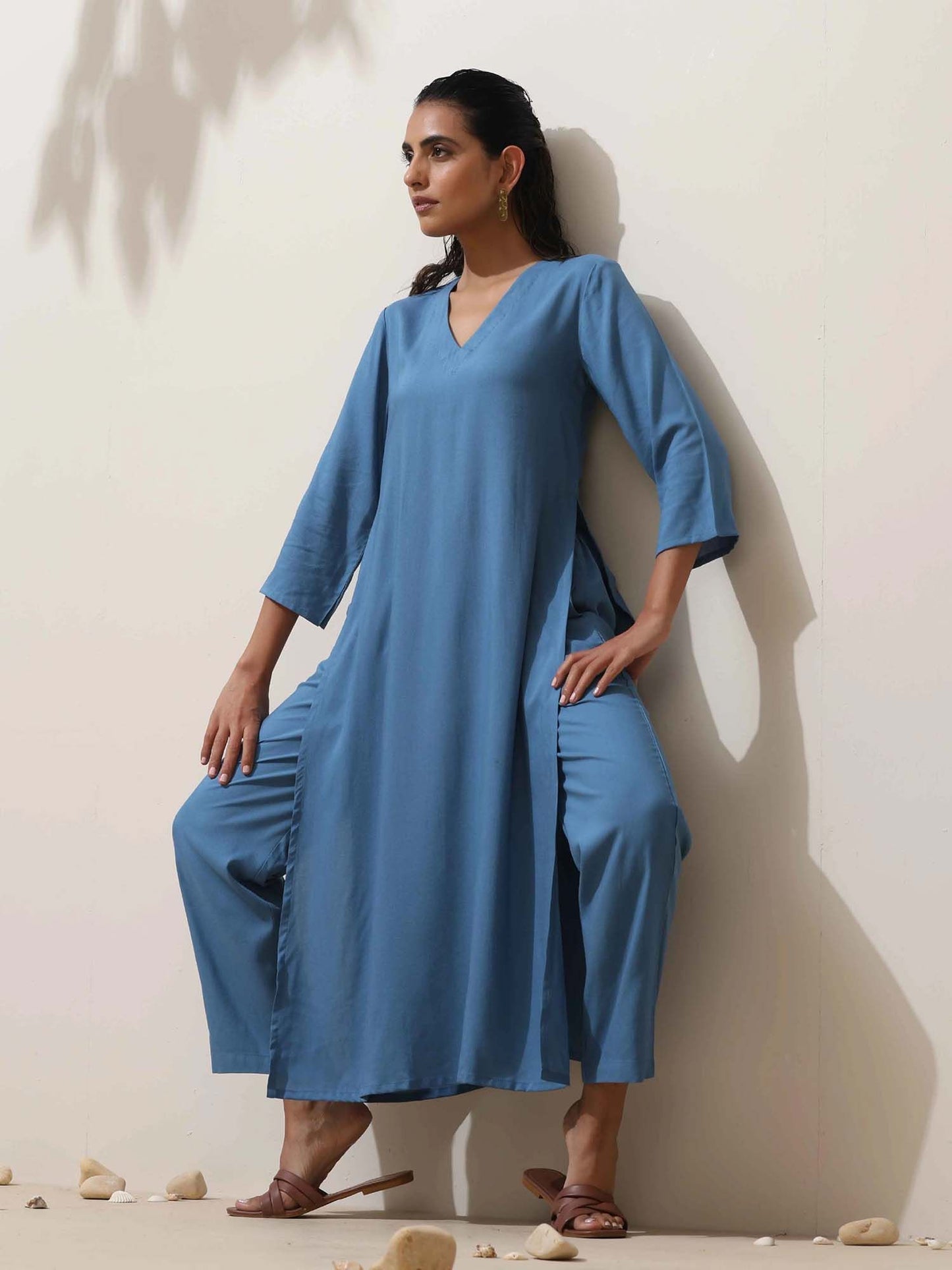 Blue Viscose Solid V-Neck Co-Ord (Set of 2)