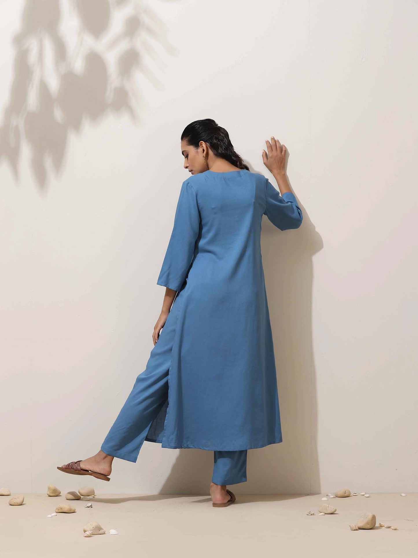 Blue Viscose Solid V-Neck Co-Ord (Set of 2)