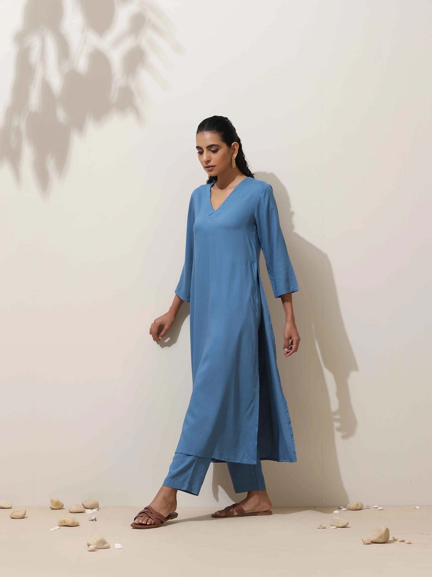Blue Viscose Solid V-Neck Co-Ord (Set of 2)