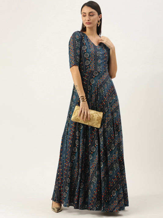 Ethnovog Blue Printed Made To Measure Maxi Dress
