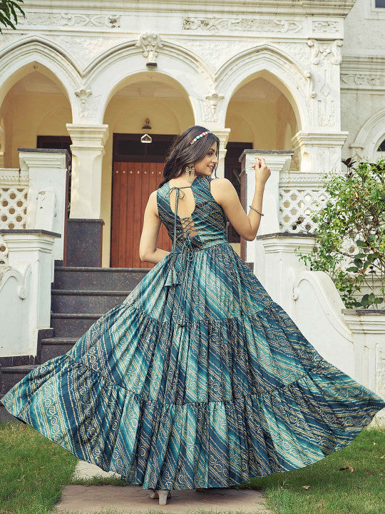 CHANSI Bandhani Printed V Neck Ethnic Dressess