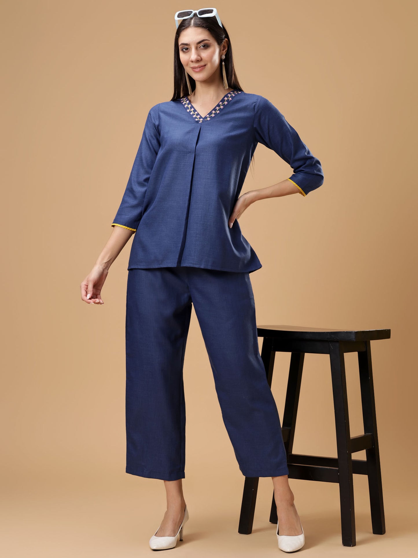 V-Neck Tunic with Pant Blue (Set of 2)