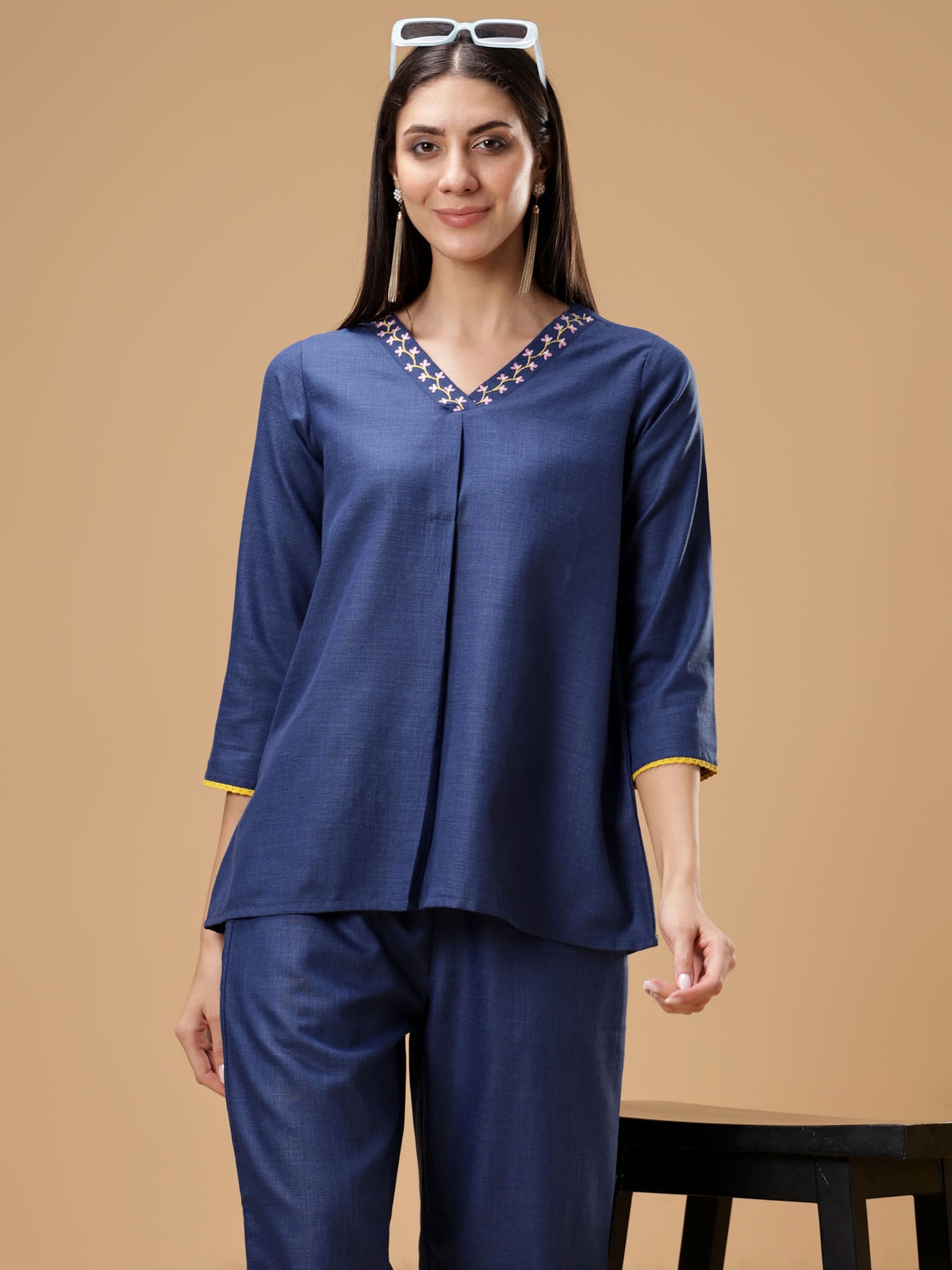 V-Neck Tunic with Pant Blue (Set of 2)