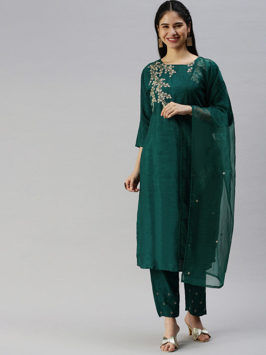 swatika Women Green & Golden Ethnic Yoke Design Zardozi Kurta with Trousers & Dupatta