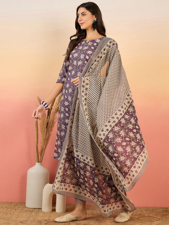 Vastramyaa Floral Printed Pure Cotton Straight Kurta & Trousers With Dupatta