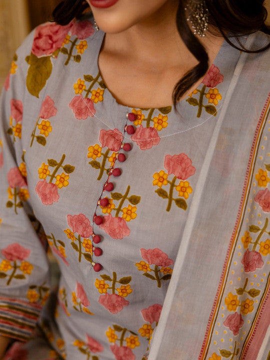 Floral Printed Regular Pure Cotton Kurta with Trousers & With Dupatta