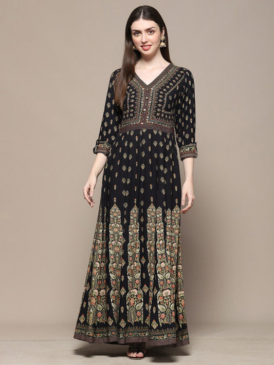 Biba Ethnic Motifs Printed V-Neck Sequinned A-Line Maxi Ethnic Dress