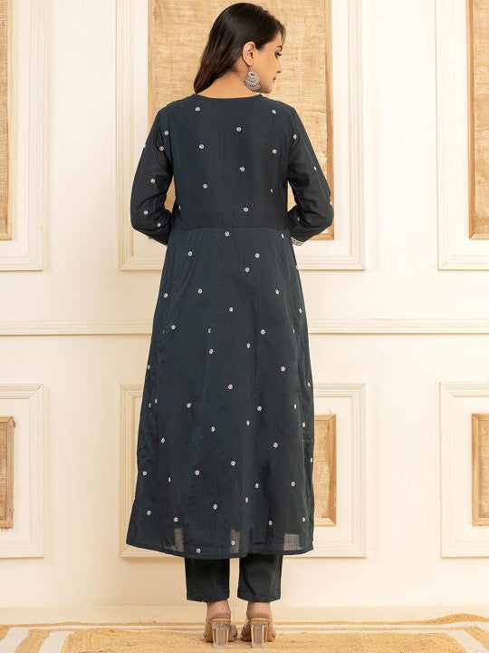 Yufta Alina Cut Embroidered Regular Thread Work Pure Cotton Kurta with Trouser & Dupatta