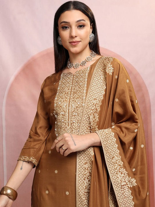 Vishudh Brown Floral Woven Design Pure Cotton Straight Kurta with Trousers & Dupatta